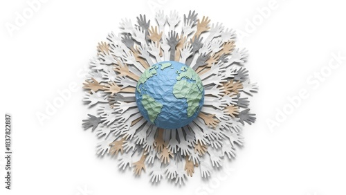 Hands of diversity reaching towards the globe, symbolizing unity, cooperation, and global connection in a world of harmony