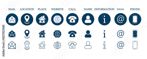 Contact Us Icon Set with Phone, Email, Location and Website Icons for Business and Web Use.