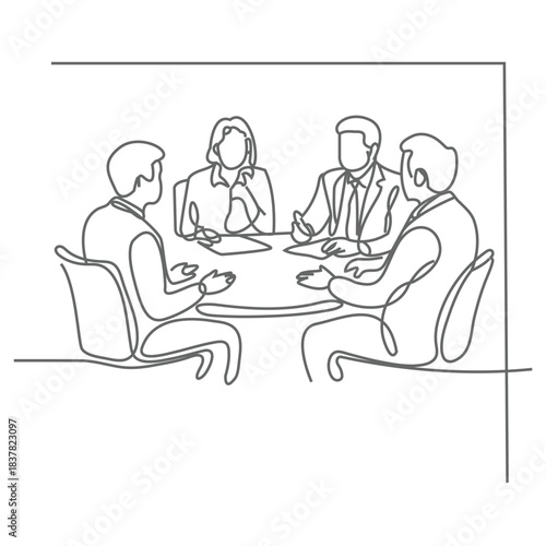 Continuous one line drawing of a group of men and women in business suits having a meeting and discussing work with gadgets. Concept of success in business.  One line Icon drawing.
