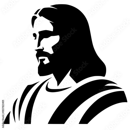 Black silhouette portrait of Jesus Christ in profile, featuring a modern, graphic style. Powerful icon ideal for themes of Christianity, faith, religion, salvation, and spiritual design.