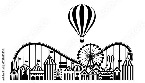 black silhouette skyline of a carnival or amusement park, featuring a roller coaster, Ferris wheel, hot air balloon, and striped tents. Ideal for fun, entertainment, theme park, and summer fair themes