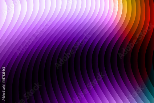 Neon ripple glass gradient in magenta, violet, ember orange on deep midnight. Sharp ribbed distortion, cinematic glow; futuristic texture background, vector illustration