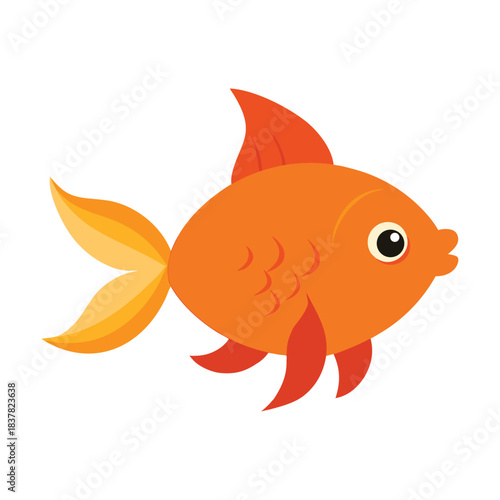 Cartoon goldfish with an orange fin swimming underwater with bubbles