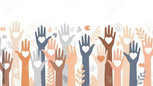 A vibrant illustration showcasing diverse hands holding hearts, raised in unison, representing global unity, compassionate community, and collective support