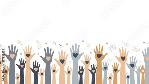 Stylized flat vector illustration of diverse human hands raised, each with a pure white heart cutout, symbolizing unity, community support, and charity efforts