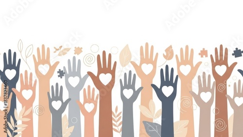 Diverse hands reaching upwards with hearts, symbolizing unity, compassion, and community spirit, fostering a sense of shared love and support among people worldwide