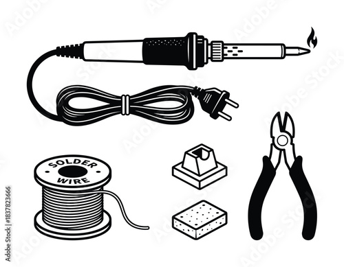 Soldering iron kit. Solder wire, stand. Sponge and wire cutters for electronic work assembly.