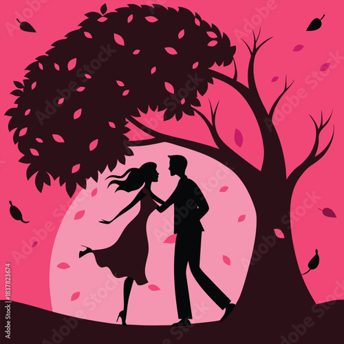 Romantic cartoon illustration of a kissing couple in pink heart silhouette for a Valentine's Day card