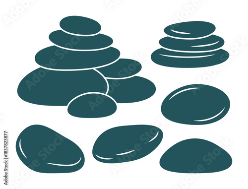 Spa stones collection. stacked stones, smooth pebbles, zen balance, relaxation, natural forms.
