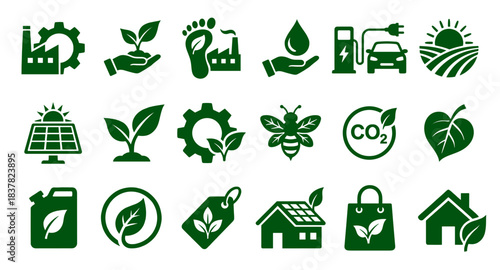 Eco energy icons set representing sustainability, renewable resources, recycling, green transport, CO2 reduction, organic production, and environmental protection.