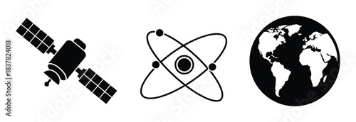 Space and science icons. Satellite atom globe elements. Earth planet for exploration.