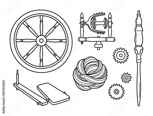 Spinning wheel and accessories for yarn making line drawing vector illustration isolated on white background
