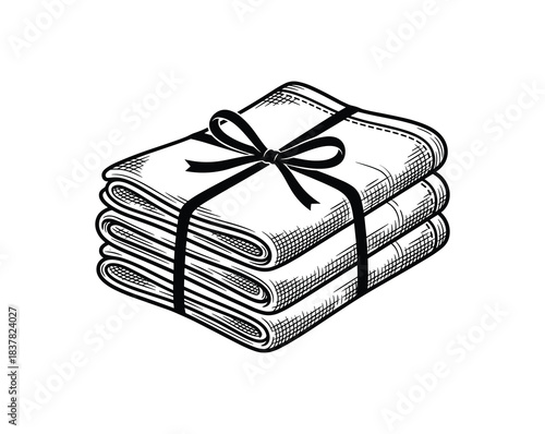 Stack of folded towels tied with a ribbon. Black and white engraving of linens. Isolated vector illustration.
