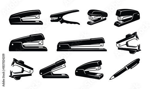 Stapler and staple remover collection. Office and school supplies vector icons for documents.