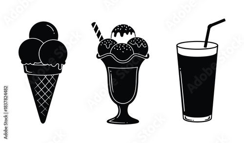 Sweet dessert icons. Ice cream cone sundae soda elements. Refreshing drink treats.