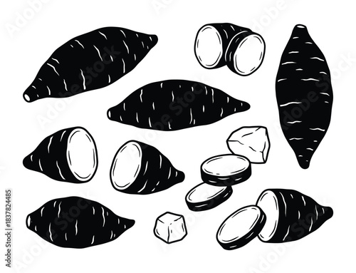 Sweet potato vector set. Whole sliced and diced sweet potato illustrations. Root vegetable collection.