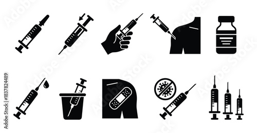 Syringe and vaccine icons. Medical injection, vaccination, health protection vector symbols set.