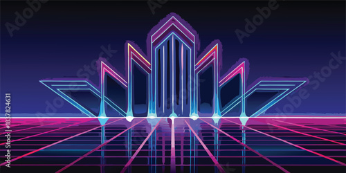 A vibrant retro cityscape with neon outlines and a reflective grid floor in a dark scene
