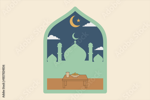 Ramadan Kareem Night Illustration – Mosque Window and Prayer Bedouin Style