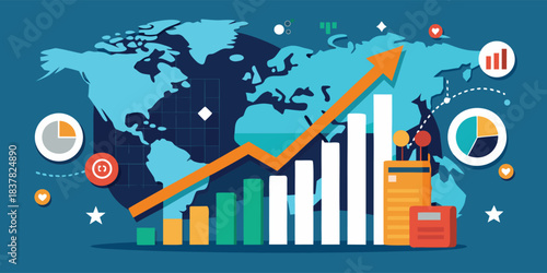 Global market analysis with upward trend and data visualization on world map background art

