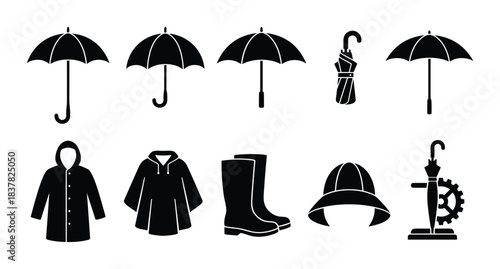 Umbrella and rain gear collection. Waterproof clothing. Weather protection items set.