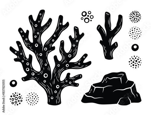 Underwater coral reef set. Sea plants, stones, and bubbles black and white vector illustration. Ocean life elements.