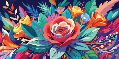 A vibrant floral arrangement featuring roses and leaves in a colorful, artistic style design

