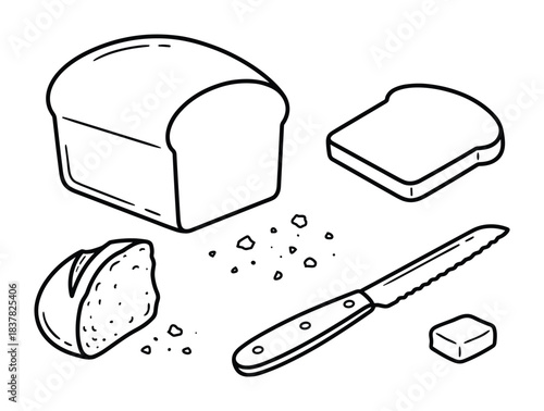 Various bread items including a loaf, sliced bread, a roll, crumbs, a knife, and butter block