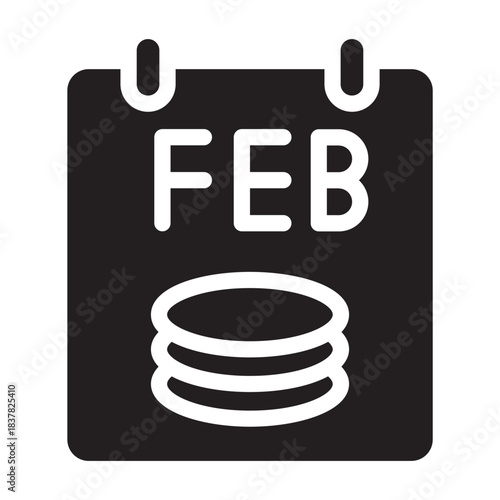 Glyph icon of calendar showing February Pancake Day, bold minimal outline