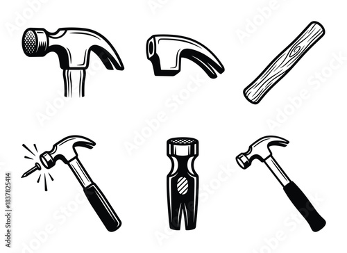 Various hammers and components like head handle and claw isolated on white background