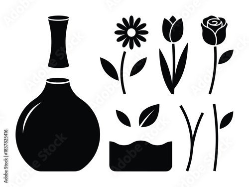 Vase with various flower and leaves set of garden floral botanical elements graphic silhouette.