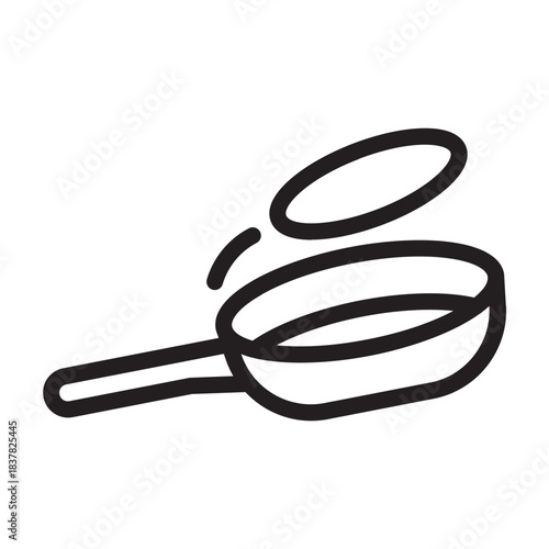 Line icon of frying pan flipping pancake, simple bold outline, celebration cooking symbol for Pancake Day