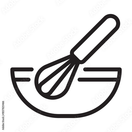 Line icon of mixing bowl with whisk, bold solid outline, cooking preparation symbol for pancake ingredients