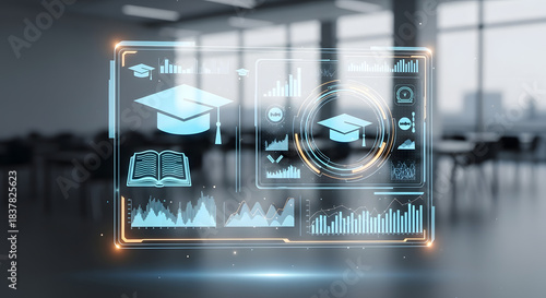 Futuristic holographic interface displaying educational icons and data analytics in a modern classroom setting.