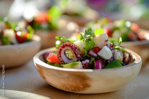 Fresh octopus salad with arugula, bell pepper and herbs. Concept: seafood, freshness, sustainable, colorful street food style.