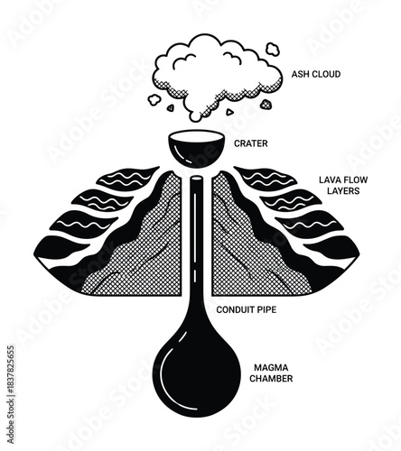 Volcano eruption cross-section diagram showing ash cloud lava flow layers magma chamber conduit pipe