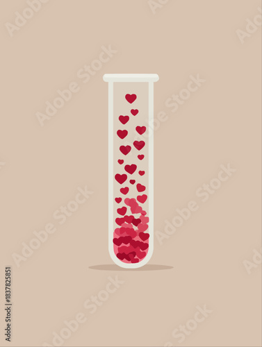 Discover the science of love with vibrant red hearts bubbling up inside a minimalist laboratory test tube design