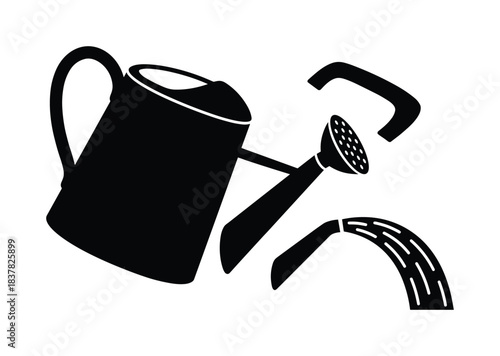Watering can with water flowing out. Gardening and plant care illustration in black and white.