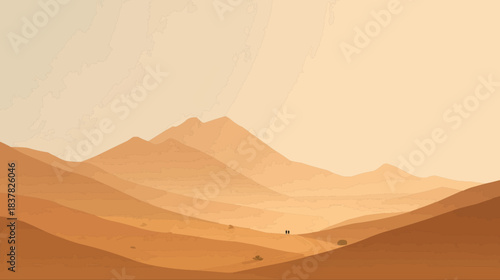 Stunning minimalist desert landscape with layered mountains and two tiny travelers on a winding path