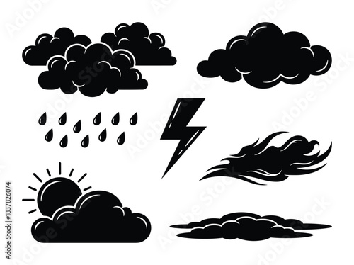 Weather forecast meteorology symbols and clouds set. Rain, sun, lightning, storm, wind vector illustration. Climate elements.