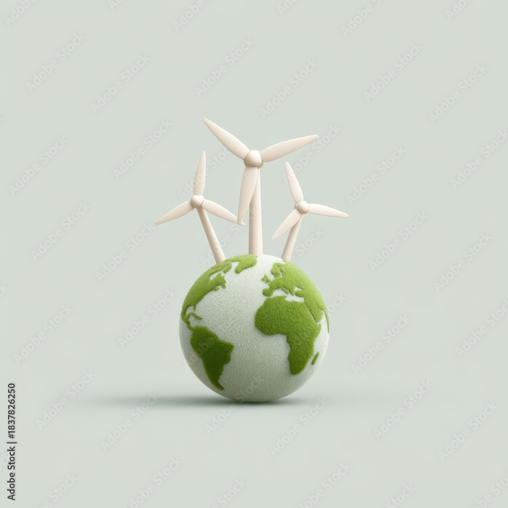 Fototapeta premium Innovative globe design featuring wind turbines and solar panels symbolizing clean energy progress. International Reducing CO2 Emissions Day
