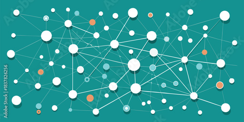 Network connection illustration with nodes and lines on a teal colored background scene
