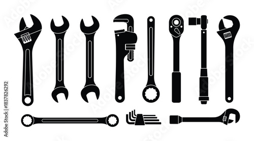 Wrench and spanner icons. Hand tools for repair and maintenance. Adjustable, pipe, ratchet, and hex keys. Vector.