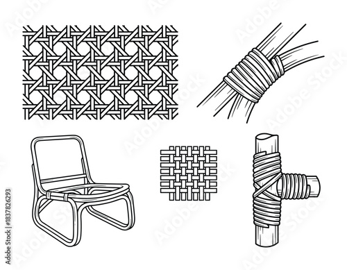 Woven rattan chair with diverse patterns and detailed joint wrapping. Essential components for furniture creation. Vector isolated.