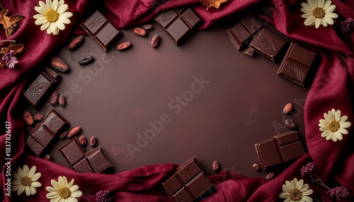 バレンタイン/高級スイーツの背景：クラフトチョコレートと白いデイジーのフレーム