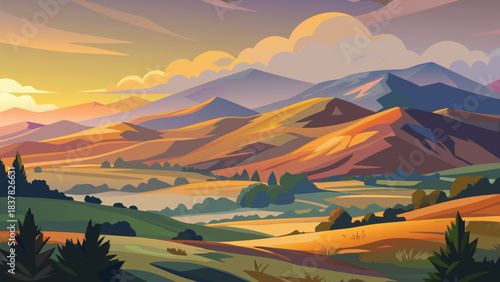 A scenic landscape illustration featuring rolling hills and mountains at sunset or sunrise time
