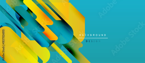 Abstract geometric shapes overlap, creating dynamic composition. Yellow, blue hues dominate modern background design.