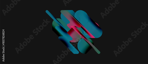 Abstract shapes overlap, creating vibrant color blends. Teal, pink, blue hues dominate dark background. Modern design element.