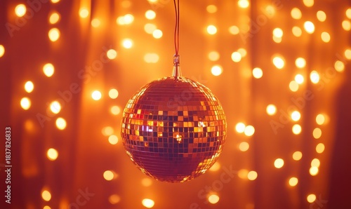 Shimmering disco ball with bokeh lights in background
