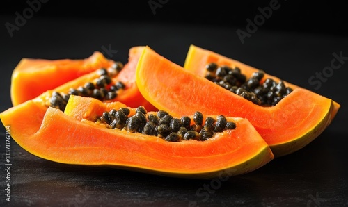 Sliced papaya fruit, ripe, juicy, seeds, dark surface